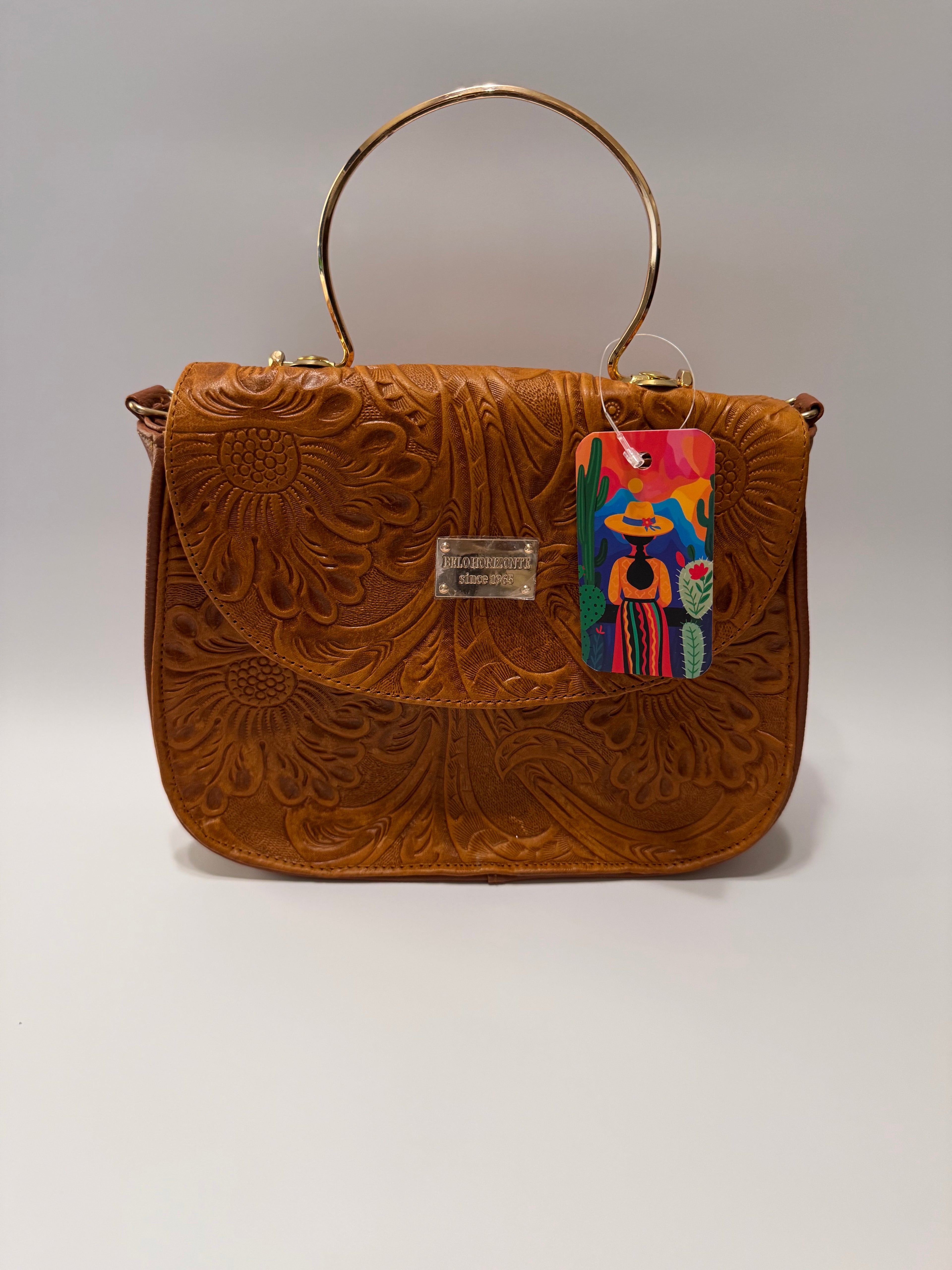 Brown Fold-Over Leather Purse with Gold Ring Handle – Limited Edition