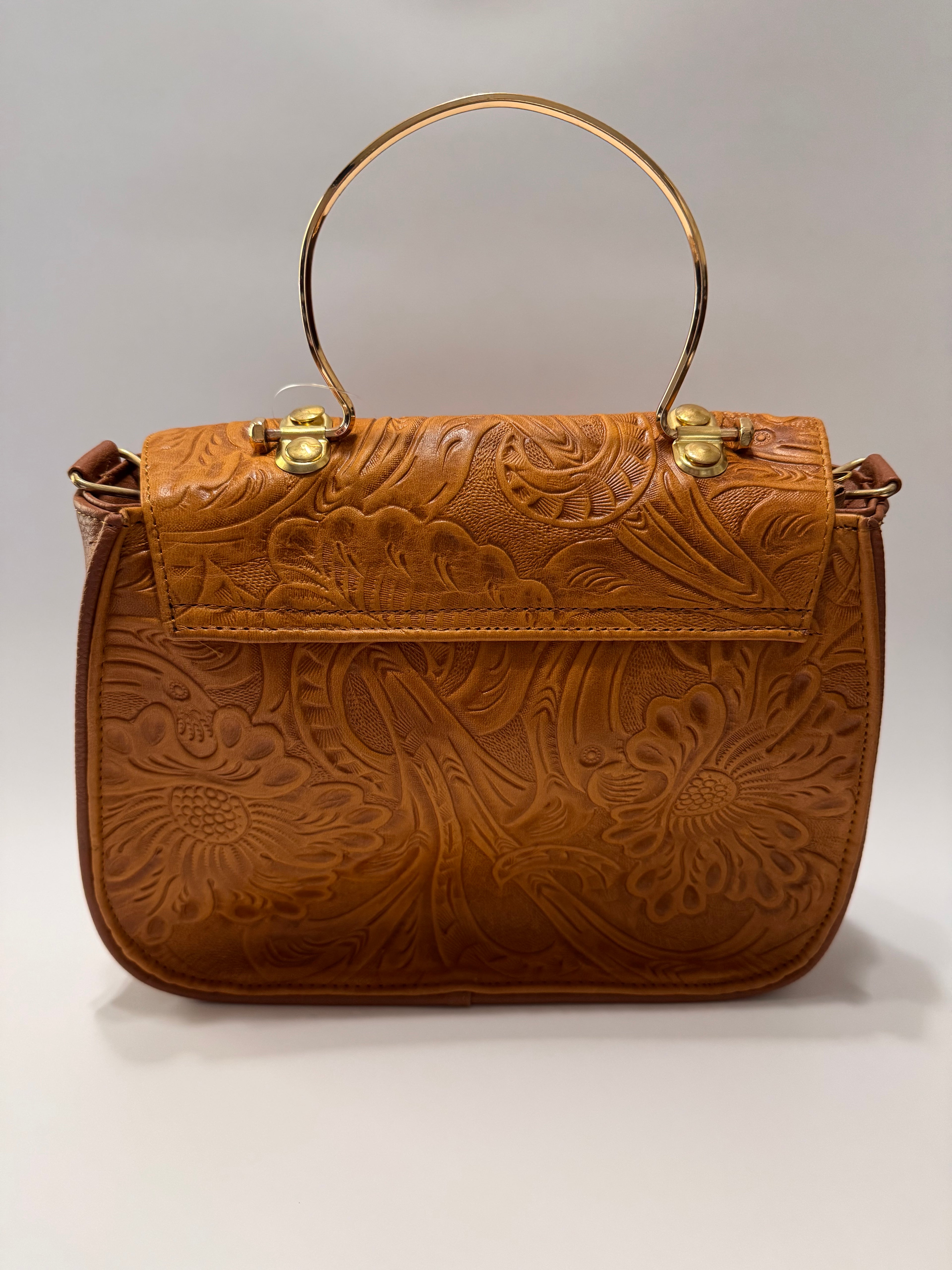 Brown Fold-Over Leather Purse with Gold Ring Handle – Limited Edition