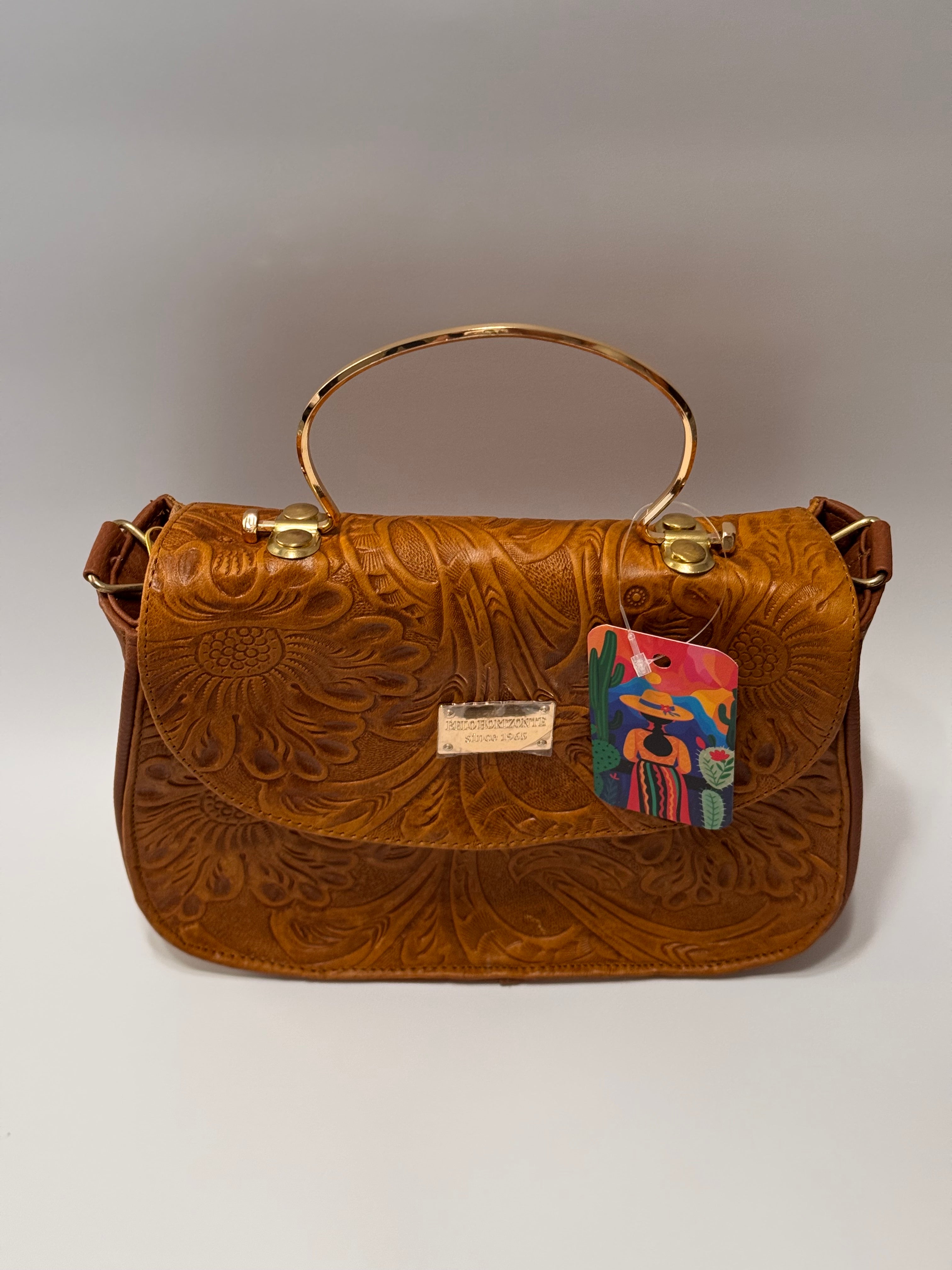 Brown Fold-Over Leather Purse with Gold Ring Handle – Limited Edition