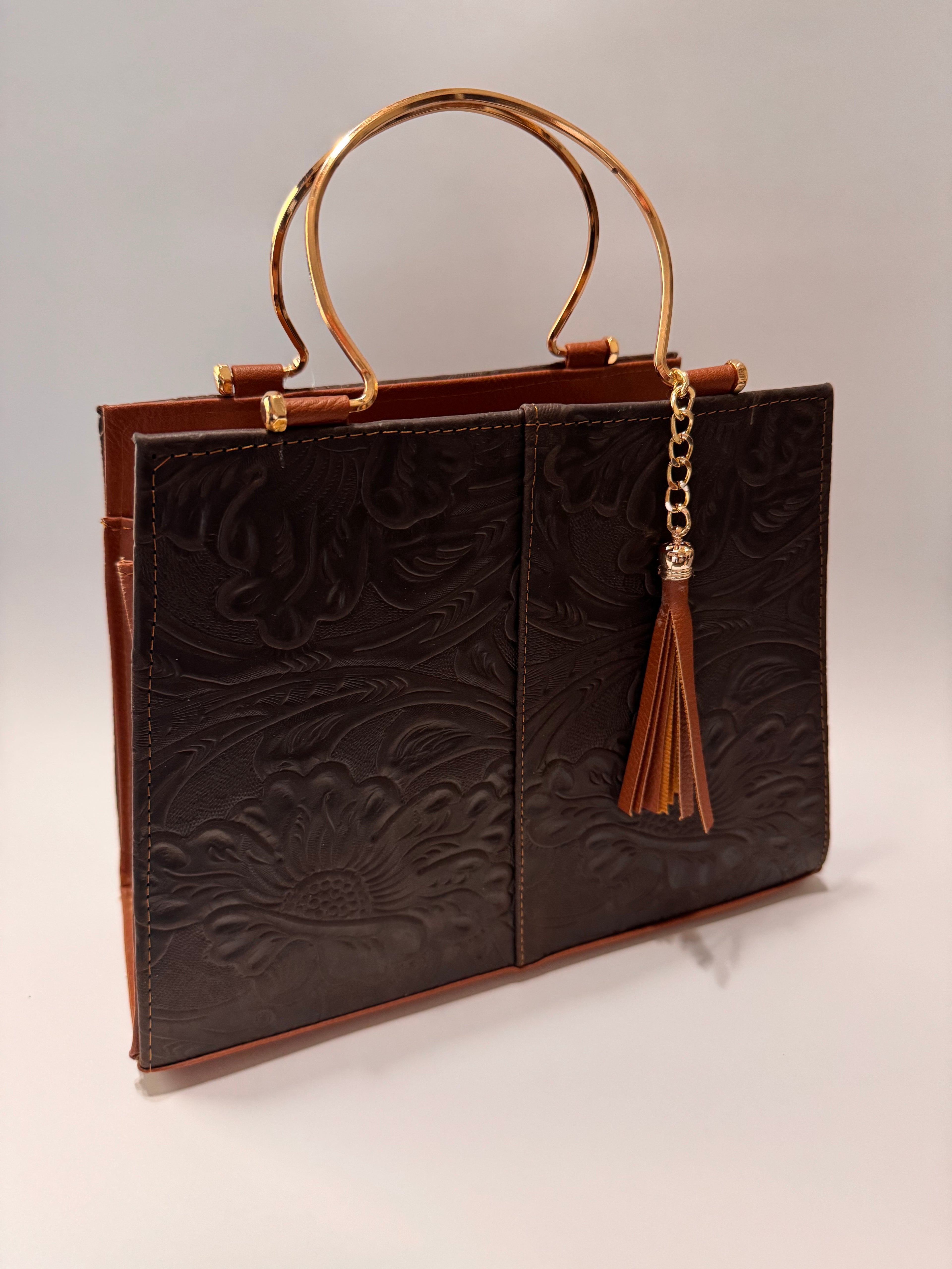 Brown Leather Purse with Gold Ring Handles – Limited Edition