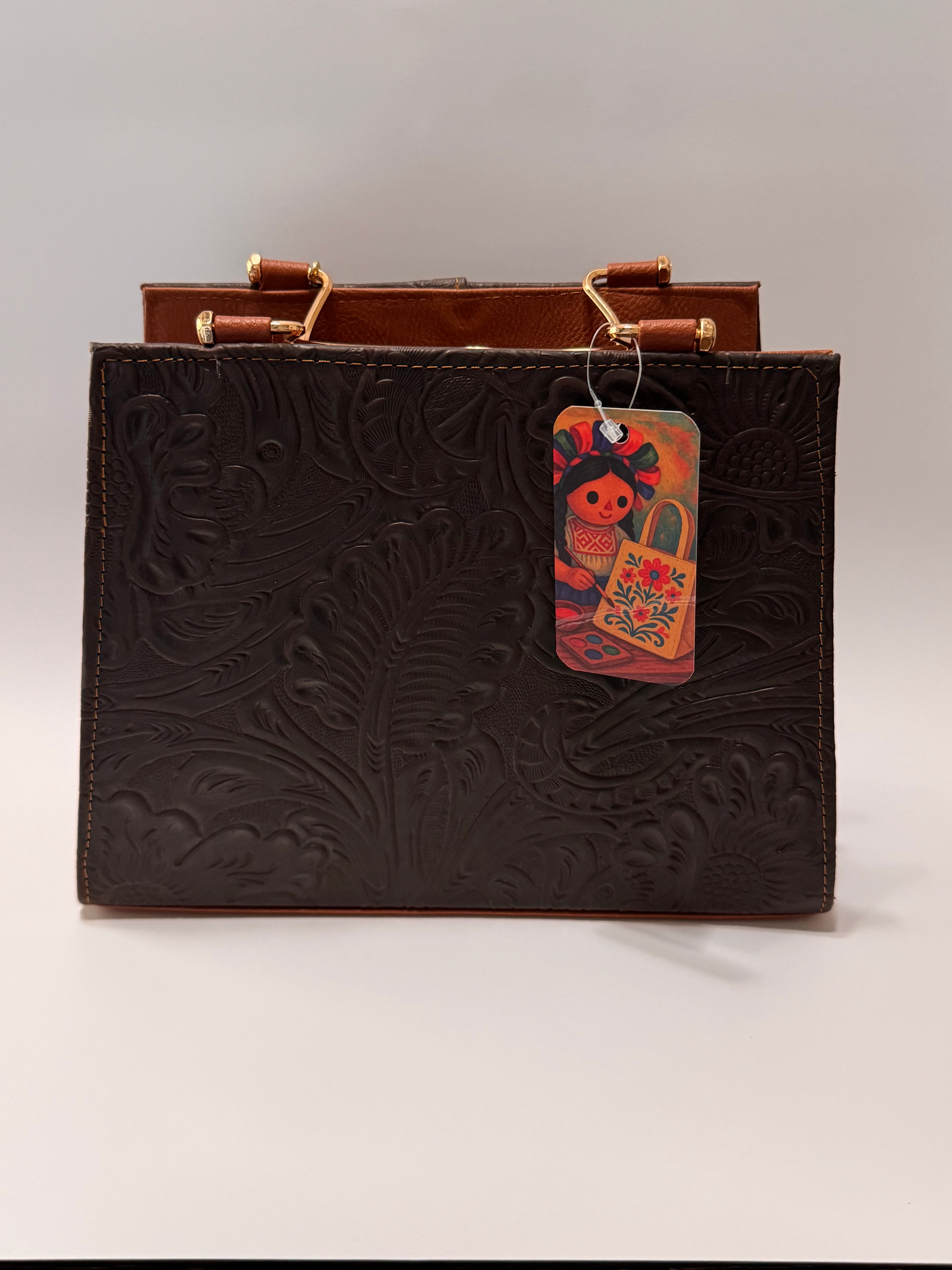 Brown Leather Purse with Gold Ring Handles – Limited Edition