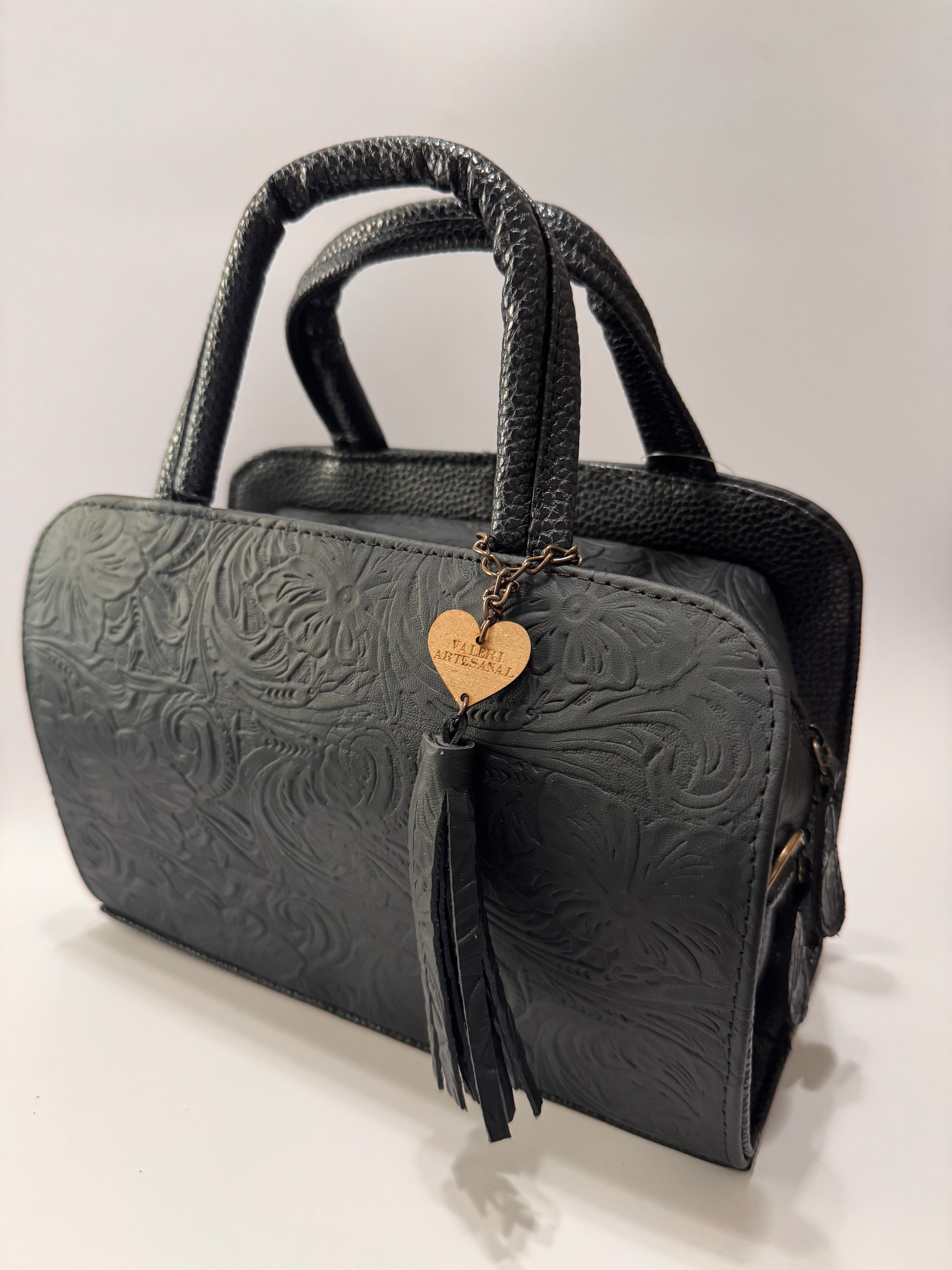 Black Flower Textured Leather Mini Satchel – Small, Limited Edition