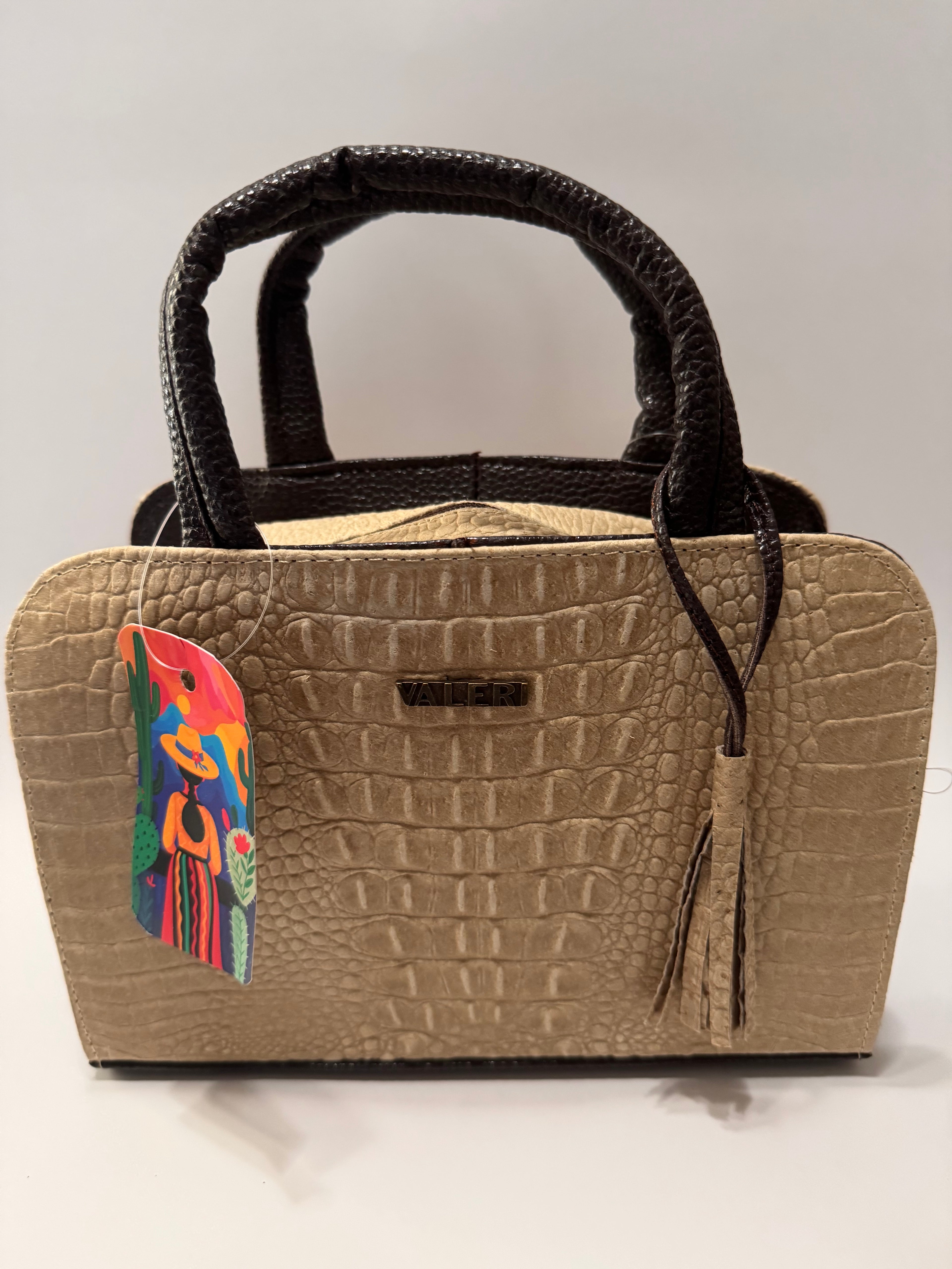 Beige & Brown Alligator-Embossed Leather Satchel – Small, Limited Edition