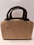 Beige & Brown Alligator-Embossed Leather Satchel – Small, Limited Edition