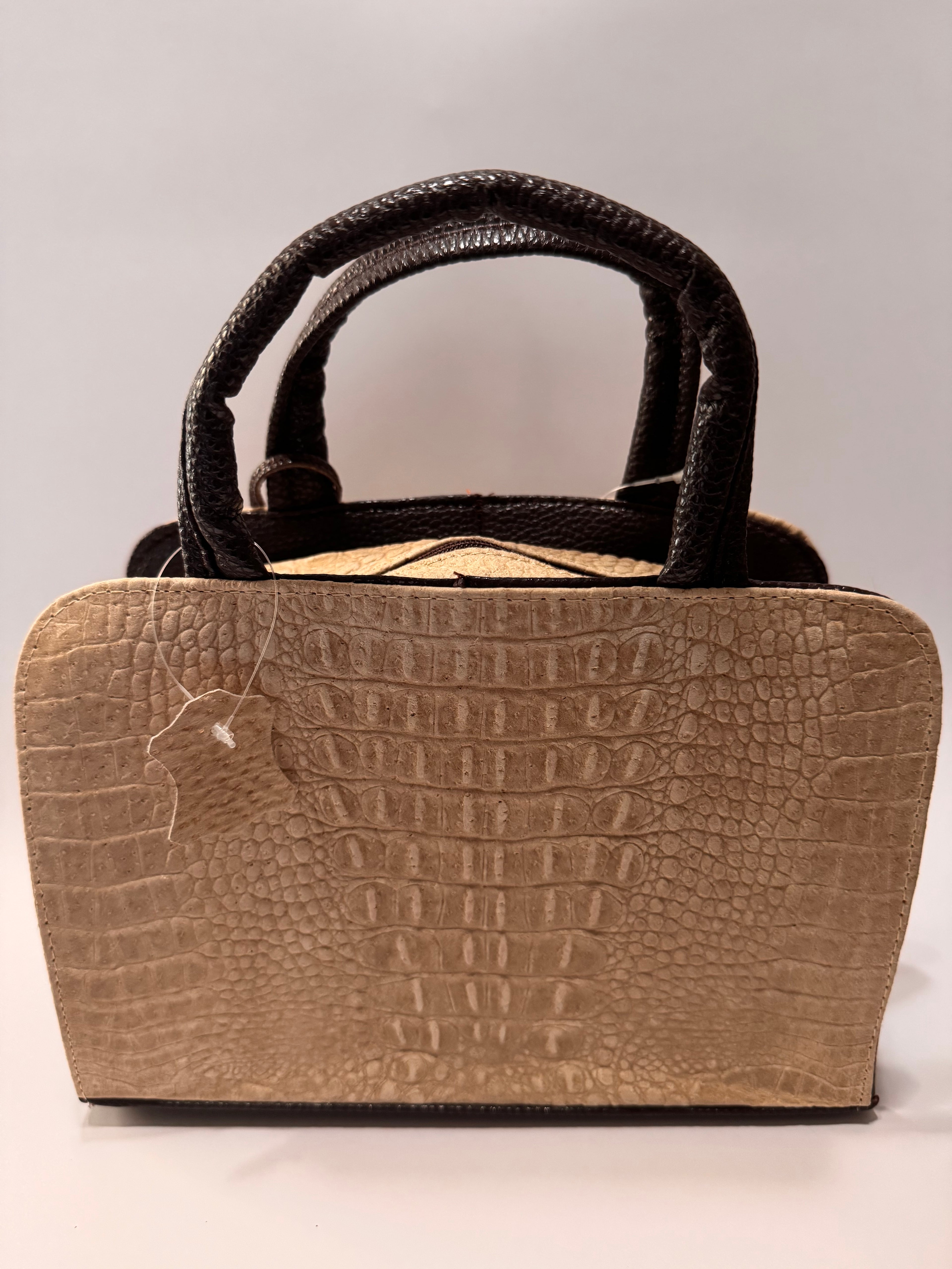 Beige & Brown Alligator-Embossed Leather Satchel – Small, Limited Edition