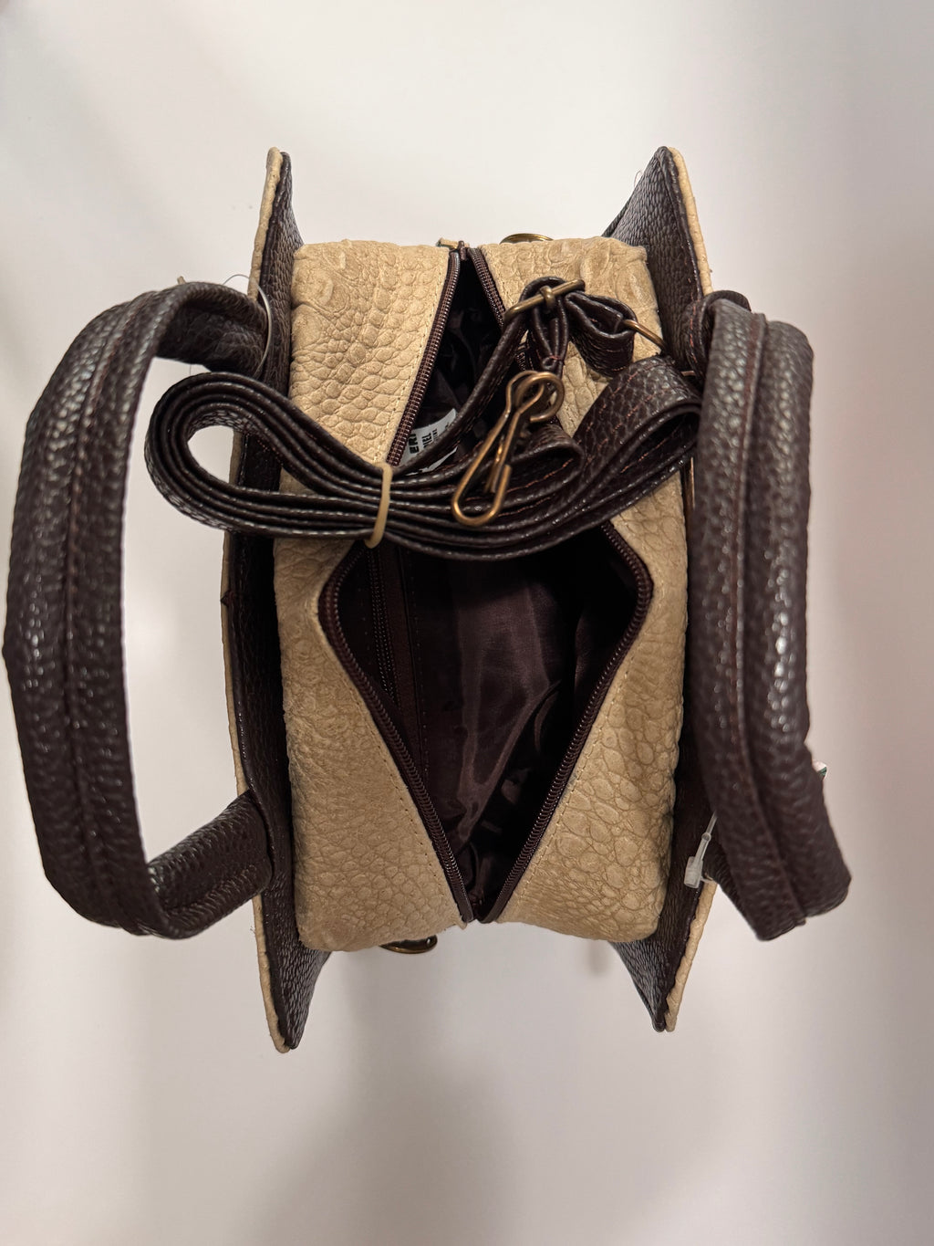 Beige & Brown Alligator-Embossed Leather Satchel – Small, Limited Edition
