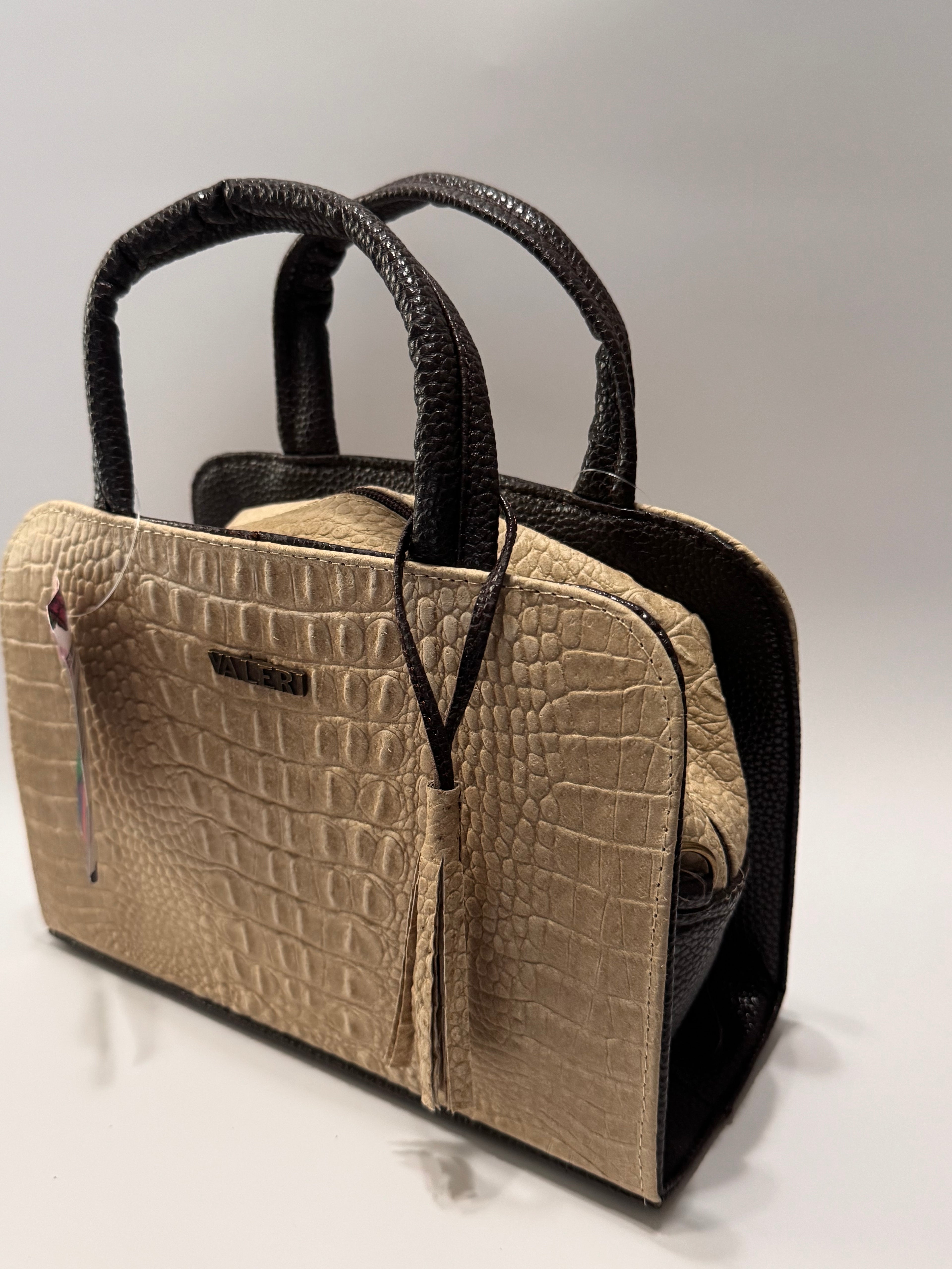 Beige & Brown Alligator-Embossed Leather Satchel – Small, Limited Edition