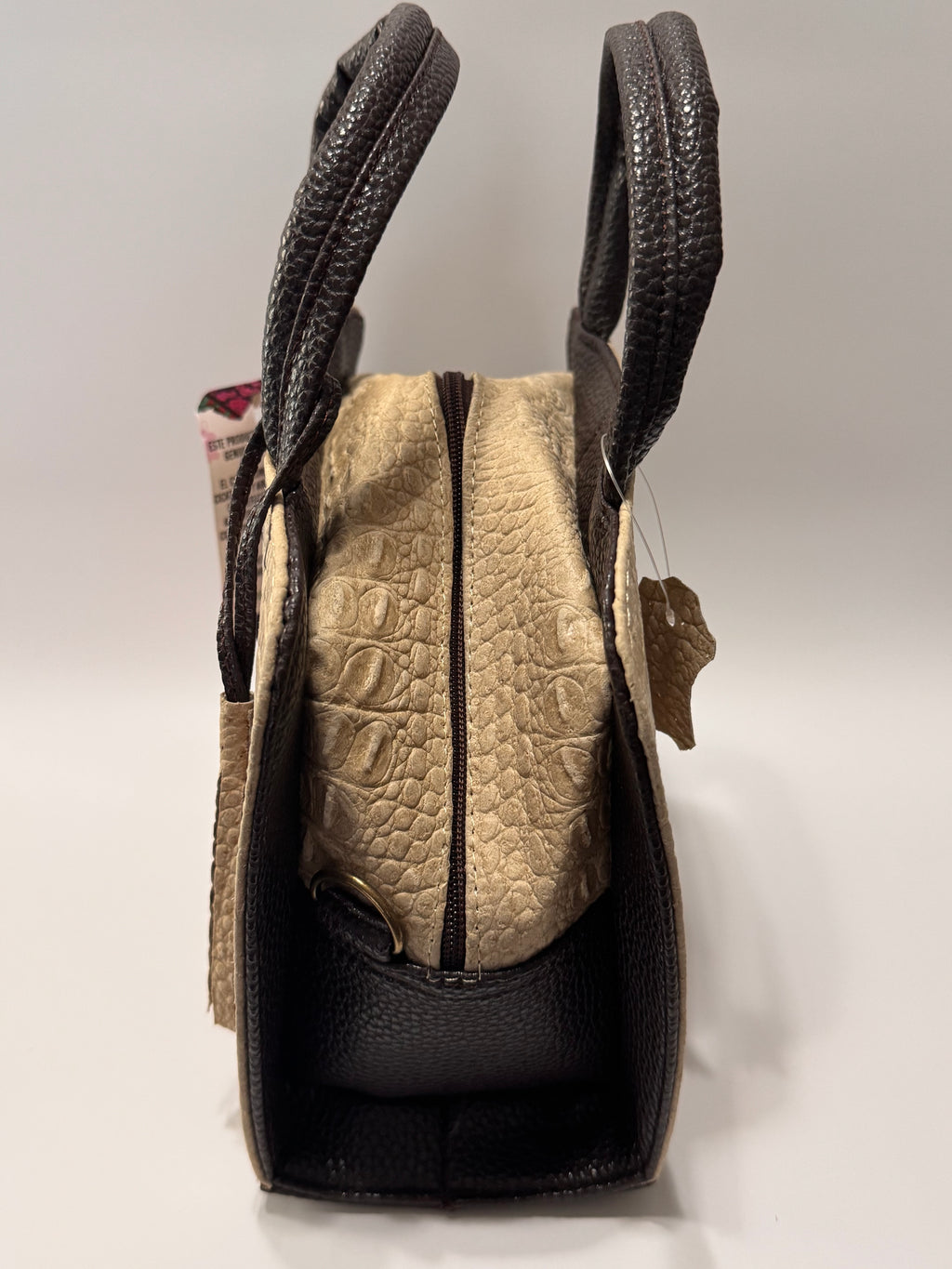Beige & Brown Alligator-Embossed Leather Satchel – Small, Limited Edition