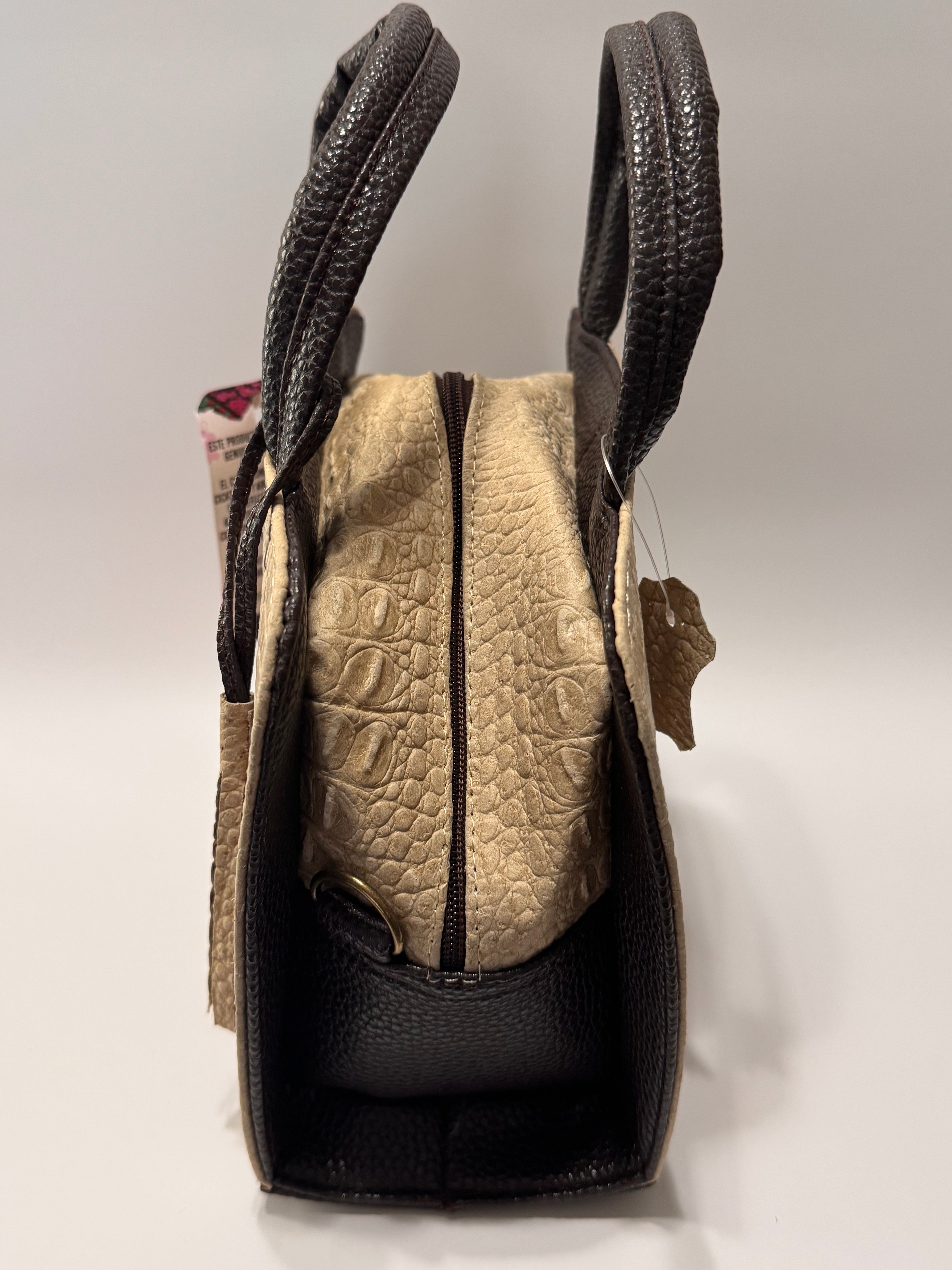 Beige & Brown Alligator-Embossed Leather Satchel – Small, Limited Edition
